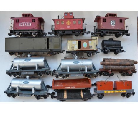 Collection of mostly G gauge goods wagons incl. 3 Bachmann Caboose models, some homemade wagons with sprung buffers etc, all 