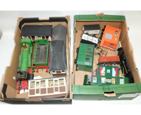 Scratch built wooden model of GNR Stirling Single locomotive and tender, coach bodies and other related items (2 boxes) 