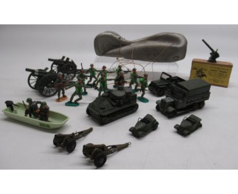 Two Britains Field Guns, Lone Star Jeep, Dinky Troop carrier, Tank, and two staff cars, two small die cast Field Guns, rubber