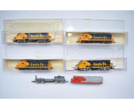 Four boxed N gauge Santa Fe diesel locomotives, 2 by Model Power (Yugoslavia), 2 by Life-Like (China) in good complete condit