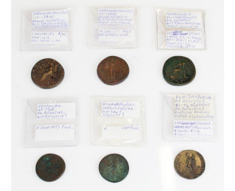 Mix of six Roman coins incl. Vespasian 69 - 79AD dupondius, Domitian 81 - 96AD dupondius of Fortune holding cornucopia, Traja