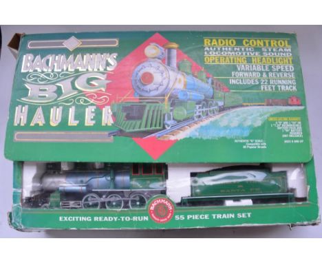 Boxed Bachmann Big Hauler G gauge battery operated remote control steam train set with track and diorama accessories, no remo