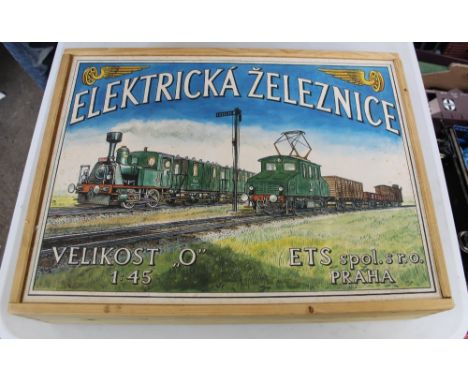 ETS (Elektrica Zeleznice) 1/45 scale O gauge Czech tinplate and all metal 2 rail electric good train set with engine, 3 goods