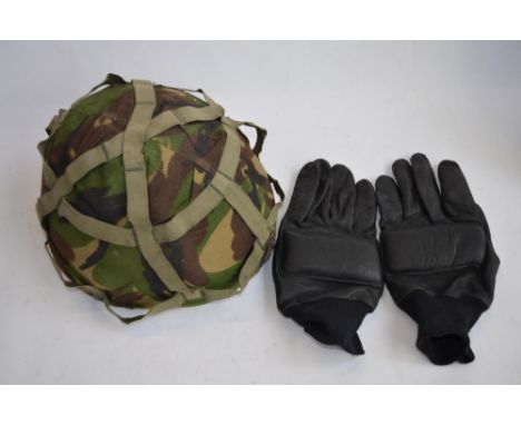 British Army Mk6 combat helmet and a pair of British Army Northern Ireland black leather patrol gloves, size 10 dated 1989 