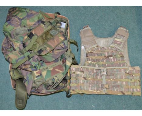 Mixed modern British Army armored vest, webbing, side pouches, smock etc 