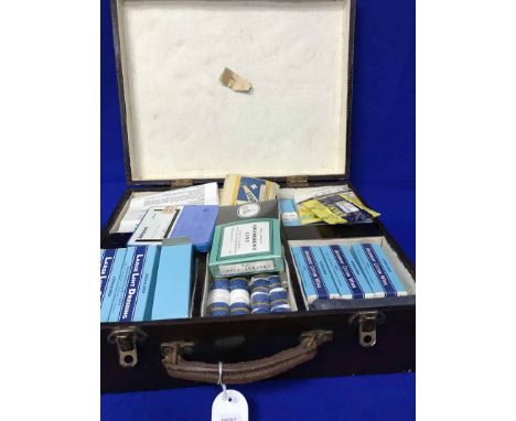 VINTAGE FIRST AID KITcontained in wooden box with red cross to front, containing thermometer, bandages, absorbent lint, etc 