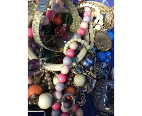 GOOD LOT OF COSTUME JEWELLERYincluding ivory effect bangle, masonic tie pin, Lorus watch, beads etc