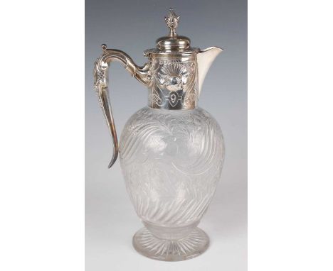 A Victorian silver mounted Stourbridge intaglio cut and polished glass claret jug, in the style of Thomas Webb, the hinged li