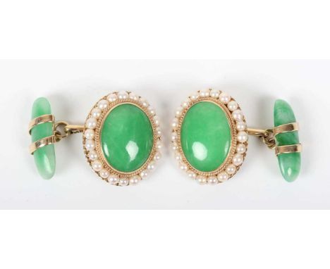 A pair of gold, jade and seed pearl cufflinks, each front mounted with an oval cabochon jade within a surround of seed pearls