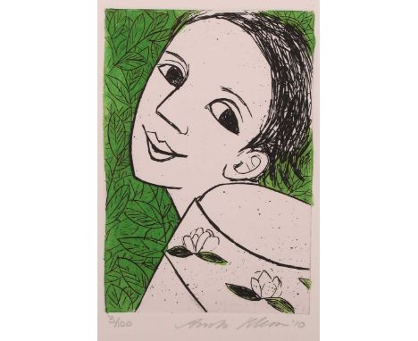Anita Klein – ‘Lady with Leaves’, 21st century etching with hand-colouring, signed, dated ’10 and editioned 3/100 in pencil, 