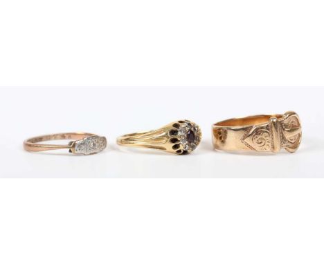 A gold, amethyst and diamond cluster ring, mounted with an oval cut amethyst within a surround of old cut cushion shaped diam