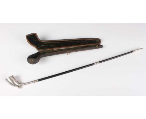 A rare 19th century silver and ebony three-section 'Churchwarden' pipe, each screw section with beaded decoration, unmarked, 