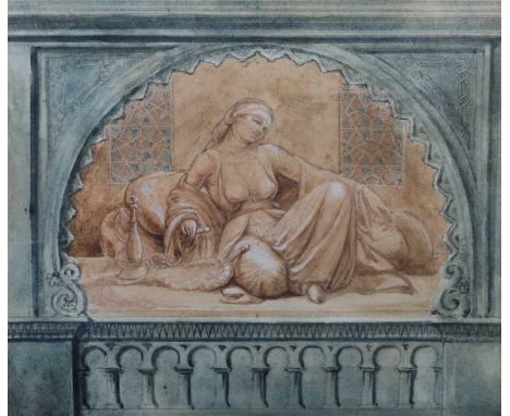 Circle of Frederick Goodall – Female Figure in an Interior smoking a Hookah, within a feigned orientalist architectural demi-