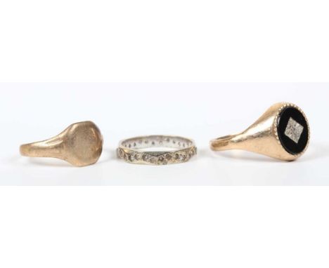A 9ct gold, black onyx and diamond signet style ring, ring size approx X, a 9ct gold signet ring, and a white gold and colour