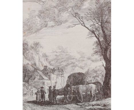 Paul Sandby - 'Scottish Beggars Resting near a Well', sepia etching circa 1780, 24cm x 19cm, within an ebonized frame, togeth