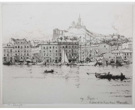 Eugène Béjot - 'Le Quai de la Rive Nemue Marseille', mid-19th century monochrome etching, signed in pencil, 18cm x 22cm, with