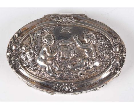 A Swedish .835 silver oval snuff box, the hinged lid decorated in relief with two cherubs releasing a caged bird, within a fl