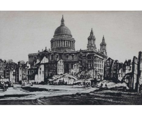 Henry Rushbury – Bomb-damaged Buildings in London with St Paul’s Cathedral, mid-20th century etching, signed in pencil, 21.5c