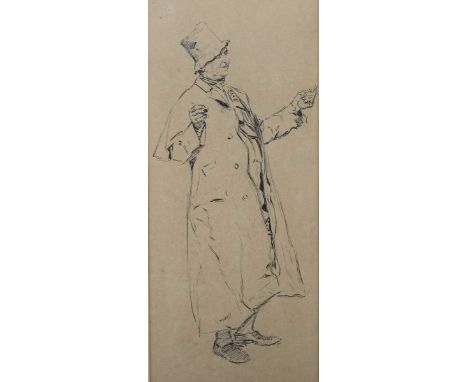 Phil May – Study of a Man wearing an Overcoat and Hat, 19th century pen with ink, artist’s name verso, 23cm x 10cm, within a 