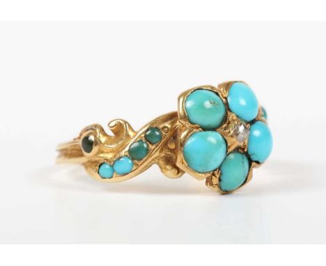 A Victorian gold, turquoise and diamond cluster ring, designed as a flowerhead, mounted with a central rose cut diamond, othe