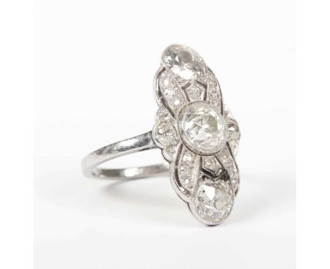 An Art Deco diamond panel ring, collet set with three principal old European cut diamonds, otherwise mounted with old cut dia