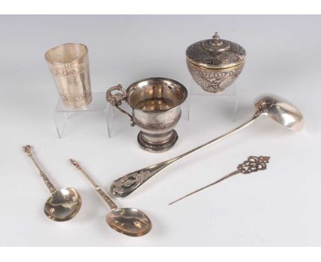 A French silver soup ladle, the underside with scroll decoration, weight 248.2g, length 32.5cm, together with a pair of Dutch
