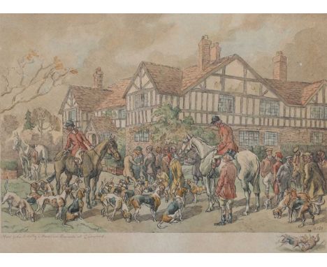 Geoffrey Sparrow – ‘Meet of the Crawley &amp; Horsham Hounds at Cisswood’, 20th century etching with hand-colouring and remar