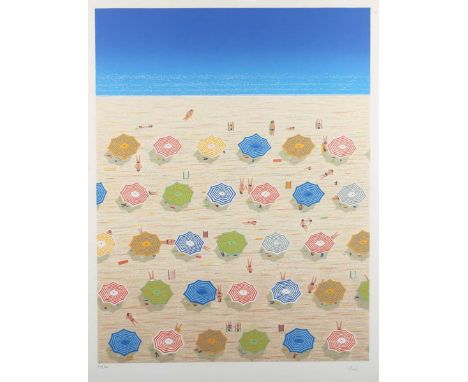 Fanch [Francois Ledan] – Beach with Sunbathers and Umbrellas, 20th century lithograph in colours on wove paper, signed and ed