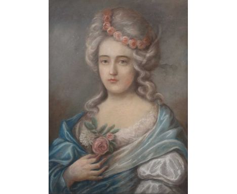 Follower of Rosalba Carriera – Half Length Portrait of a Lady Holding Flowers, 19th century pastel with coloured chalks, 69.5