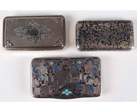 A 19th century French silver and enamelled rectangular snuff box, the hinged lid engraved with a vignette depicting a buildin