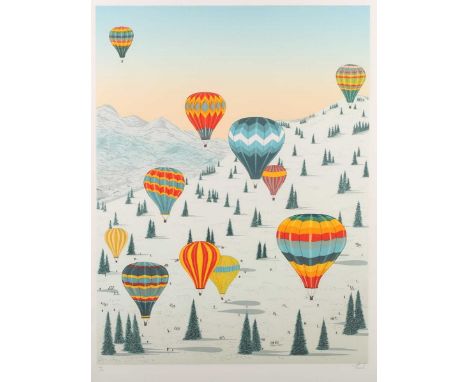 Fanch [Francois Ledan] – Hot Air Balloons over the Alps, 20th century lithograph in colours on wove paper, signed and edition