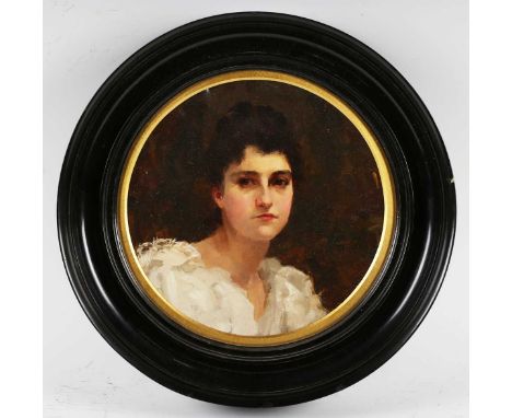Continental School – Portrait of a Lady wearing a Fur Stole, late 19th/early 20th century tondo oil on vellum, diameter 17.5c