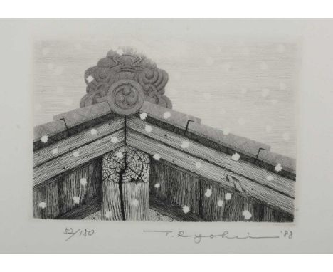 Ryohei Tanaka – ‘Roof in Snow’, 20th century etching, signed, dated ’88 and editioned 52/150 in pencil, 11cm x 14cm, within a