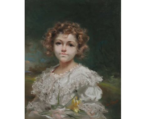 Leon John Sprinck – Portrait of a Young Girl wearing a Silk Dress with Lace Collar, holding a Daffodil, and Portrait of a You
