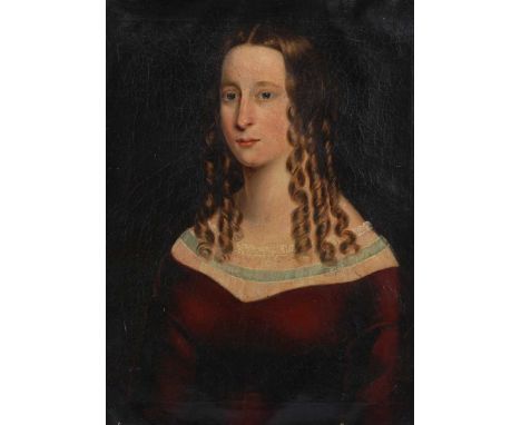 British School – Half Length Portrait of a Young Lady wearing a Red Dress, 19th century oil on canvas, 61cm x 44cm, within a 