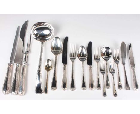 A part canteen of plated Old English Beaded pattern cutlery, comprising a soup ladle, two tablespoons, eight table knives and
