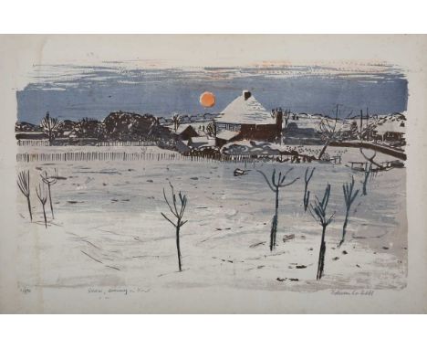 Edwin La Dell – ‘Snow Evening in Kent’, 20th century lithograph in colours on wove paper, signed, titled and editioned 1/30, 