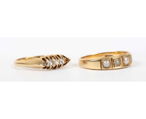 A gold ring, mounted with a row of half-pearls, detailed ‘18ct’, ring size approx O, and an 18ct gold ring, mounted with four