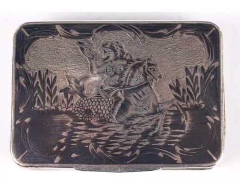 An early 19th century Russian silver and niello rectangular snuff box, 84 zolotnik, the hinged lid decorated with a maiden ri