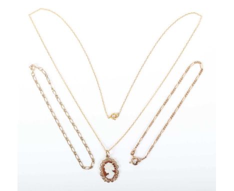 A 9ct gold and oval shell cameo pendant, carved as a portrait of a lady, length 2.4cm, with a gold neckchain on a boltring cl