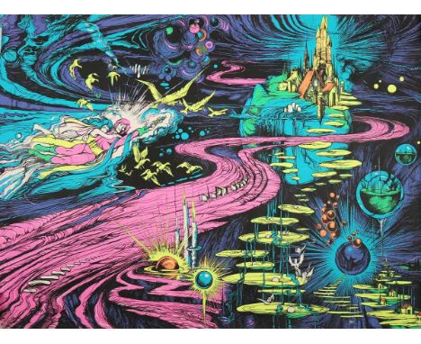 Asher Ein Dor – Science Fiction Scene (Psychedelic Blacklight Poster), 20th century screenprint, sheet size 67cm x 91.5cm, to