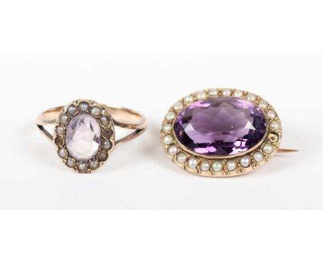 A gold, amethyst and half-pearl oval brooch, unmarked, weight 4.6g, width 2.1cm (one half-pearl lacking), and a gold, pale am