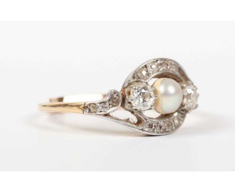 A gold, diamond and pearl ring, mounted with a pearl between two principal old cut diamonds, otherwise in a twist design, mou
