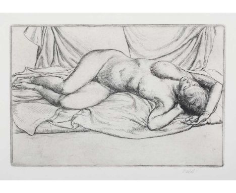 Stanley Roy Badmin – Reclining Female Nude, 20th century monochrome etching on wove paper, signed with initials in pencil, 19