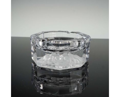 This striking clear crystal ashtray by Versace for Rosenthal showcases the iconic Medusa head motif, deeply sculpted in satin