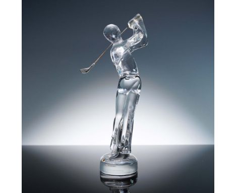 Elegant Baccarat crystal figurine depicting a golfer in mid-swing, capturing the energy and precision of the sport. The figur
