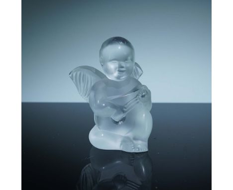 Charming Lalique crystal figurine featuring a seated cherub angel gently strumming a lute. Rendered in Lalique's signature sa