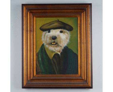 Whimsical portrait of a dog dressed in a beret and dark green coat, painted in oil on canvas by artist Alvarez. The piece fea