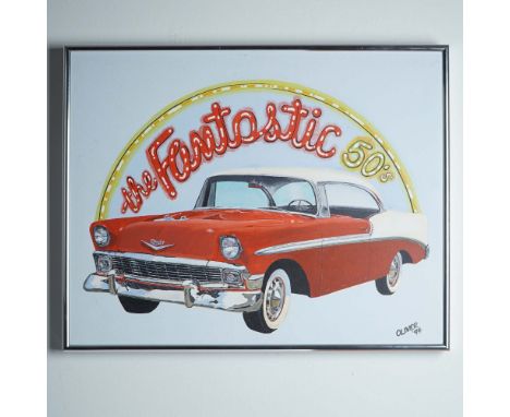Acrylic painting on canvas by artist Oliver, signed and dated 1994, titled The Fantastic 50s. This vibrant pop-style composit