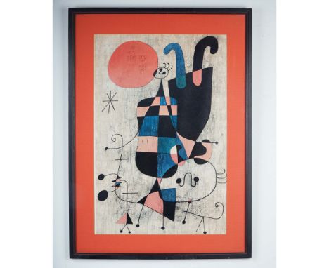 Colorful abstract serigraph after Spanish surrealist artist Joan Miro (1893-1983), titled People and Dog in the Sun. The comp